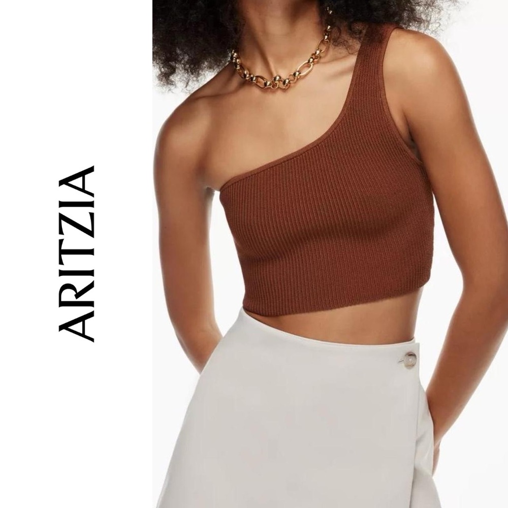 Aritzia Babaton Sculpt Knit Epicurean Brown Ribbed One-Shoulder Tank